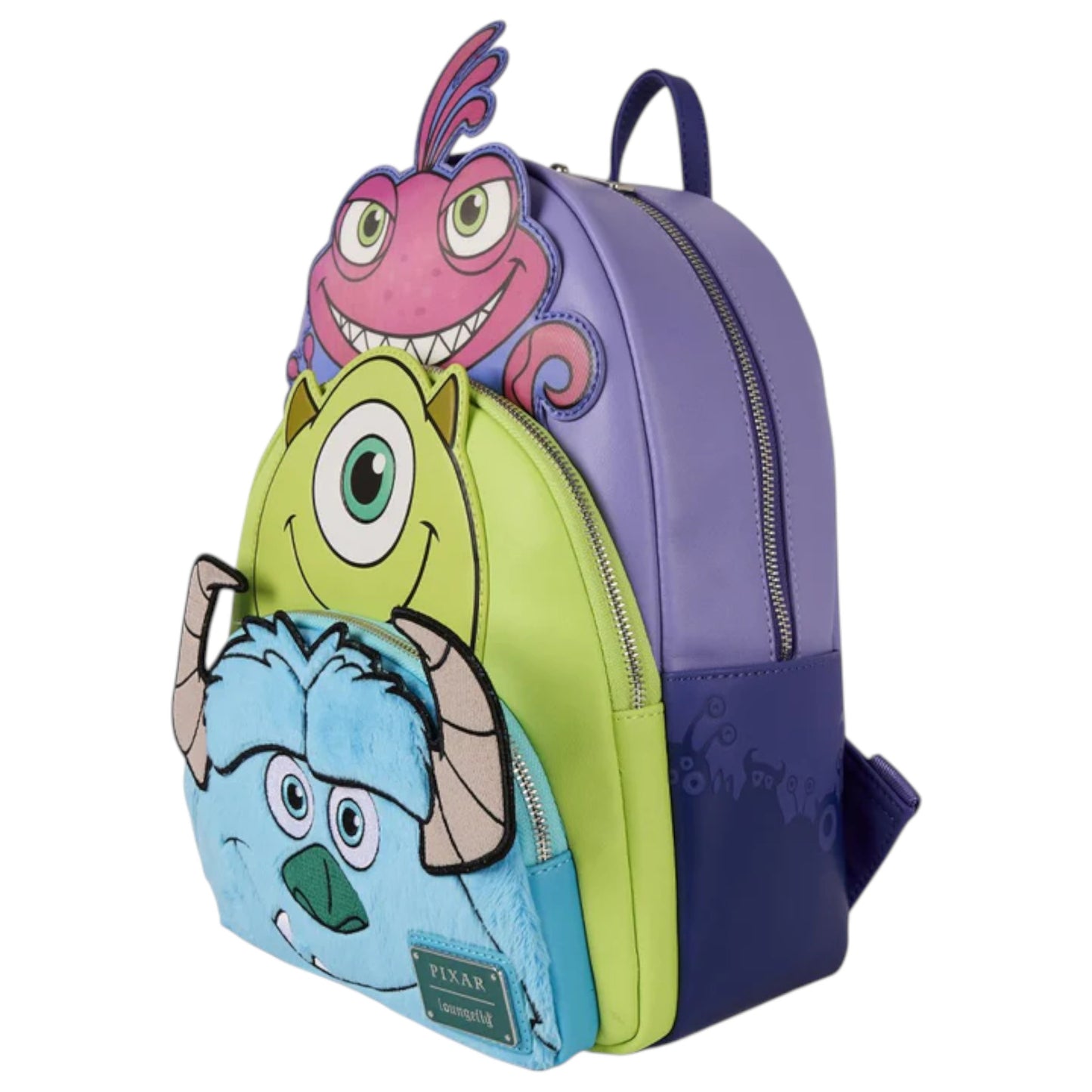 Backpack with Sulley, Mike, & Randall Triple Pocket character faces on a white background