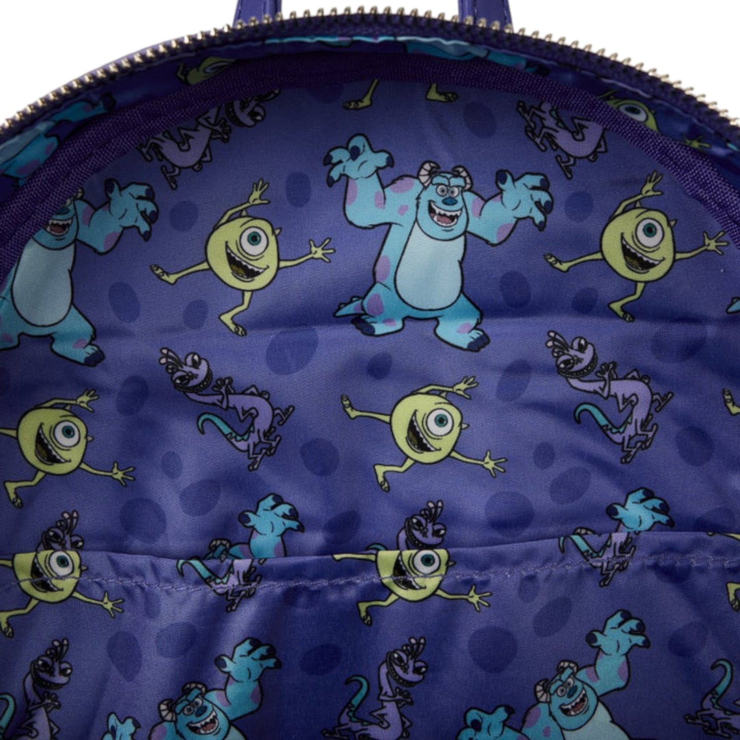 Backpack with monsters inc. character pattern on a blue background