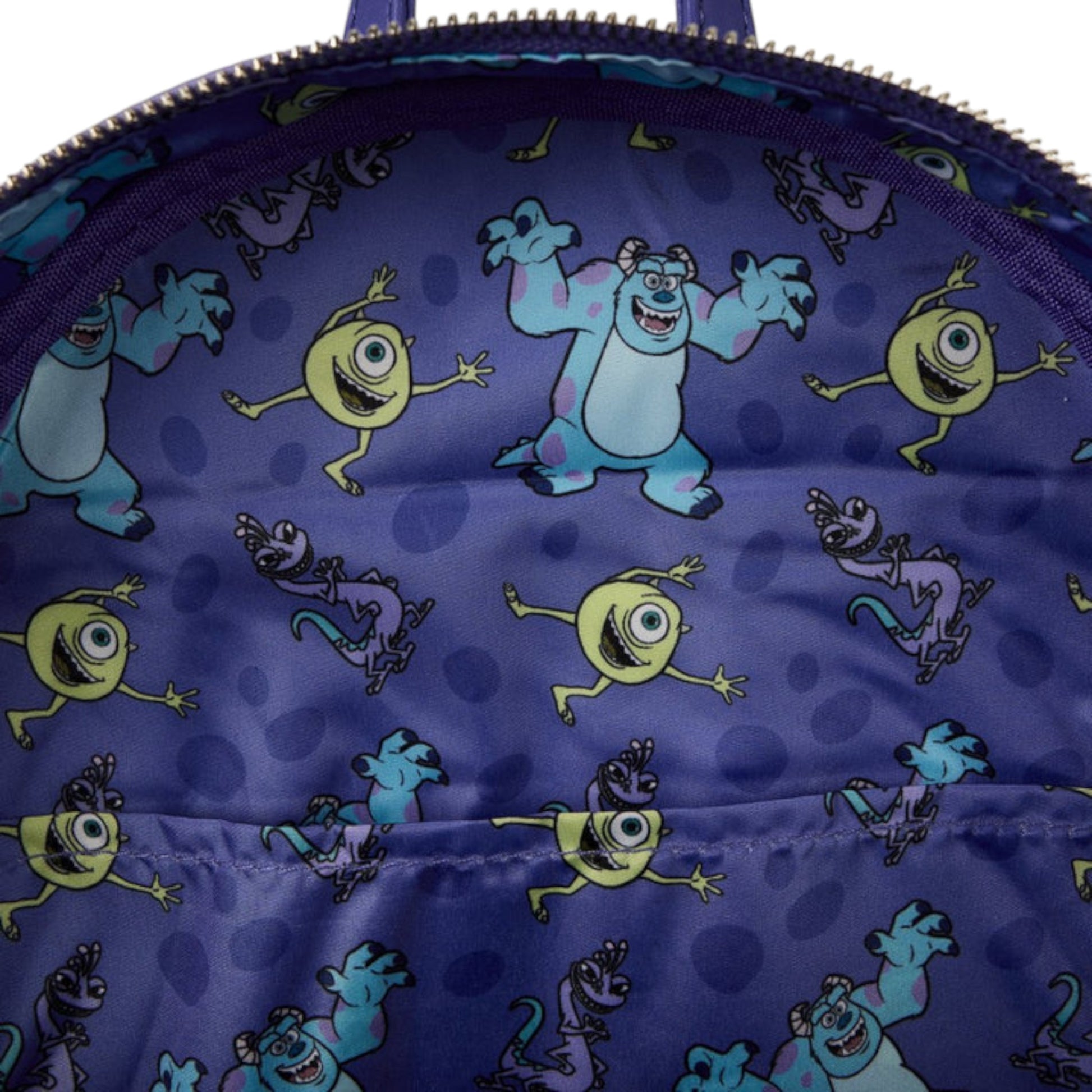 Backpack with monsters inc. character pattern on a blue background
