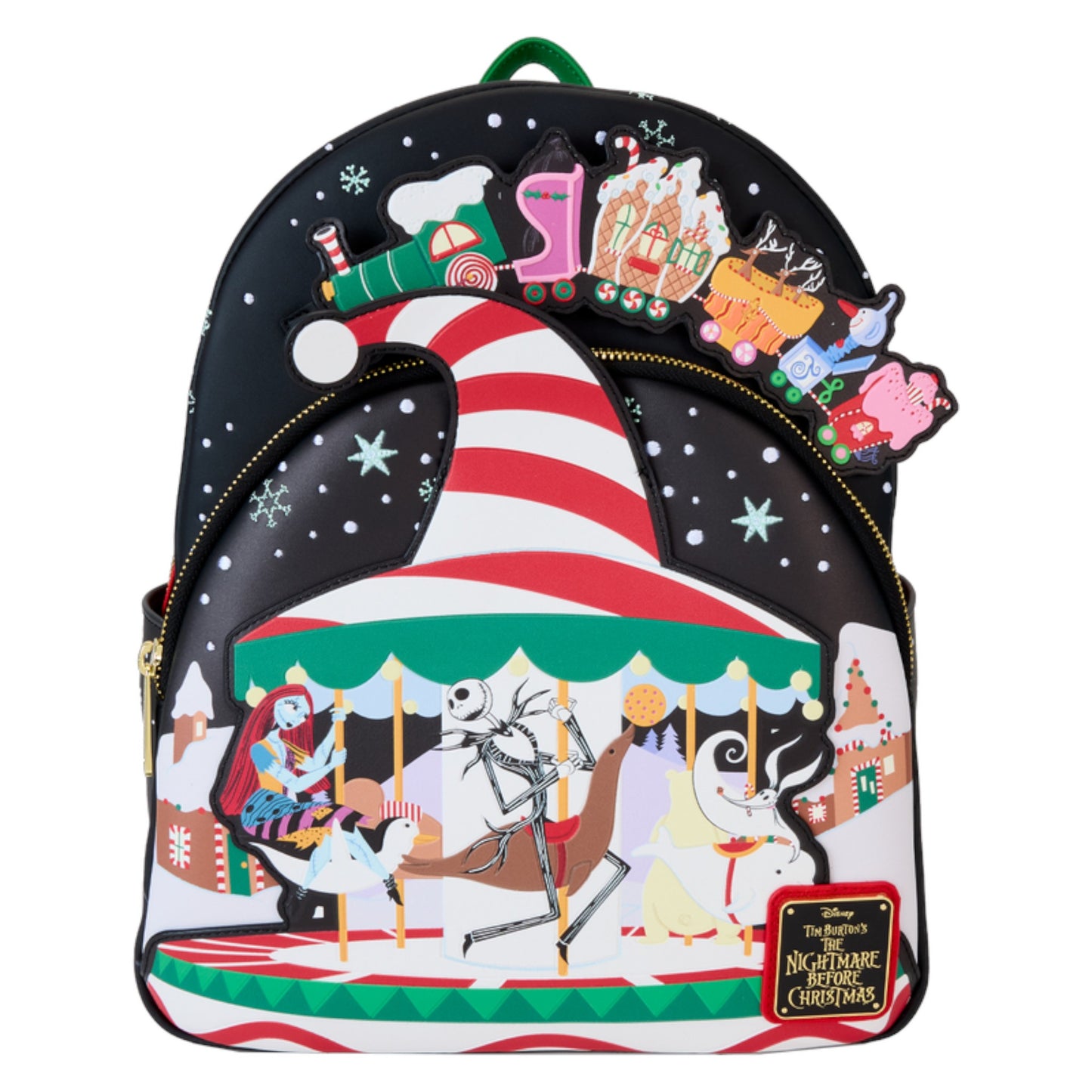 Backpack with The Nightmare Before Christmas Town Carousel  design featuring Jack Skellington and Sally on a carousel.