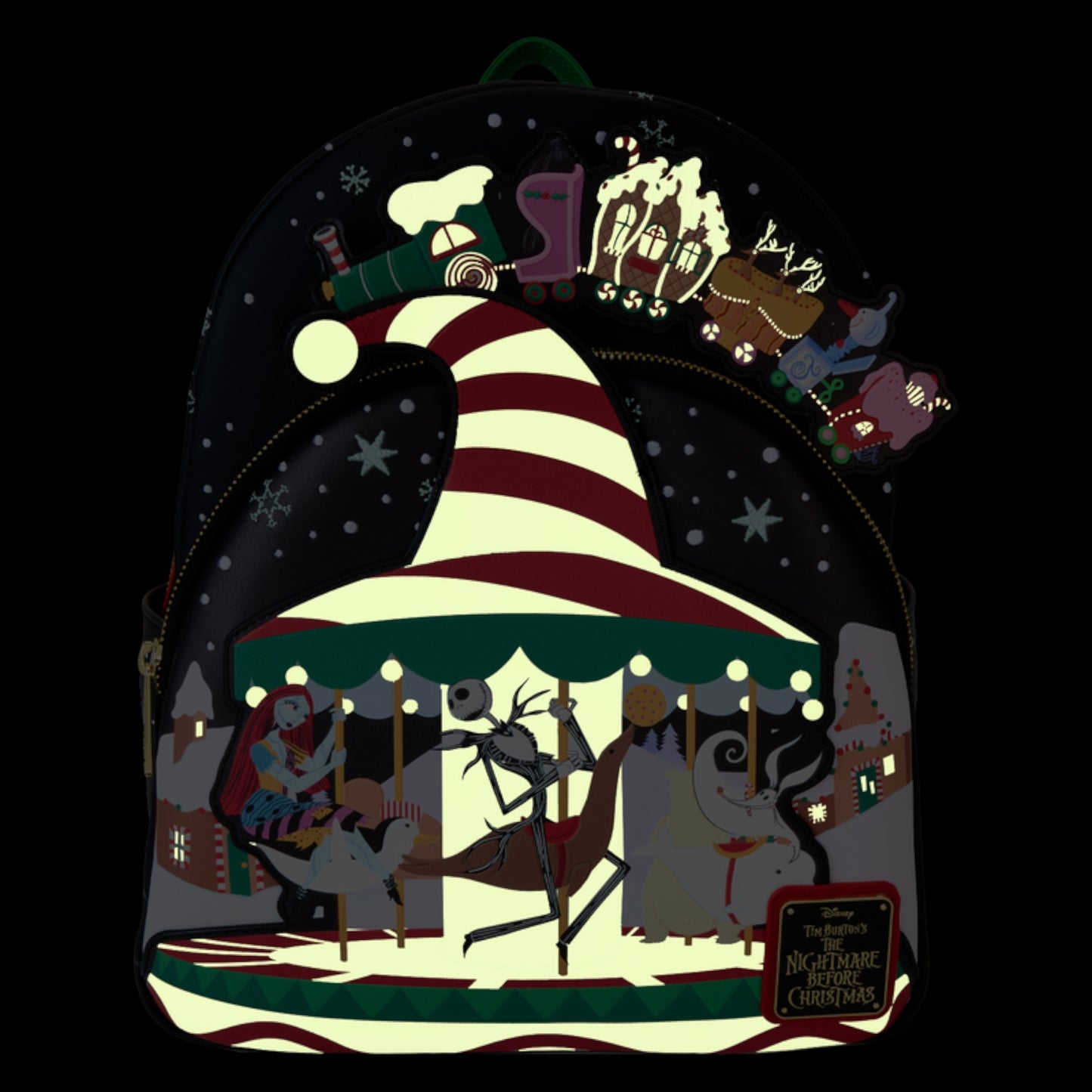 Backpack with The Nightmare Before Christmas Town Carousel design glowing featuring Jack Skellington and Sally.
