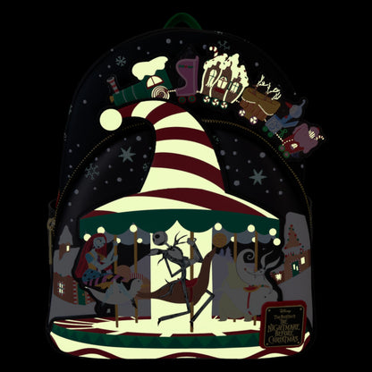 Backpack with The Nightmare Before Christmas Town Carousel design glowing featuring Jack Skellington and Sally.