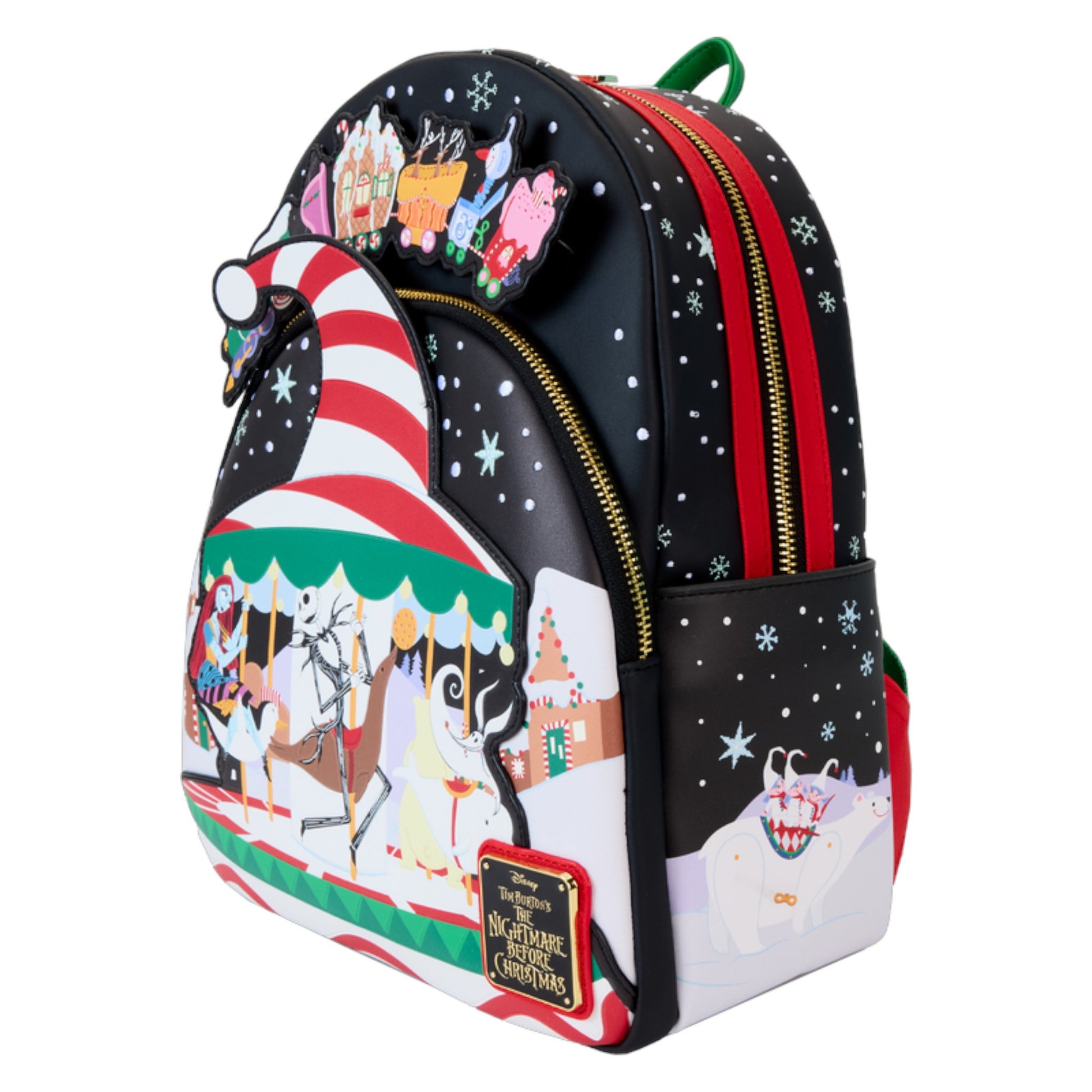 The Nightmare Before Christmas Town Carousel Backpack with festive design featuring a carousel and winter scene on a white background