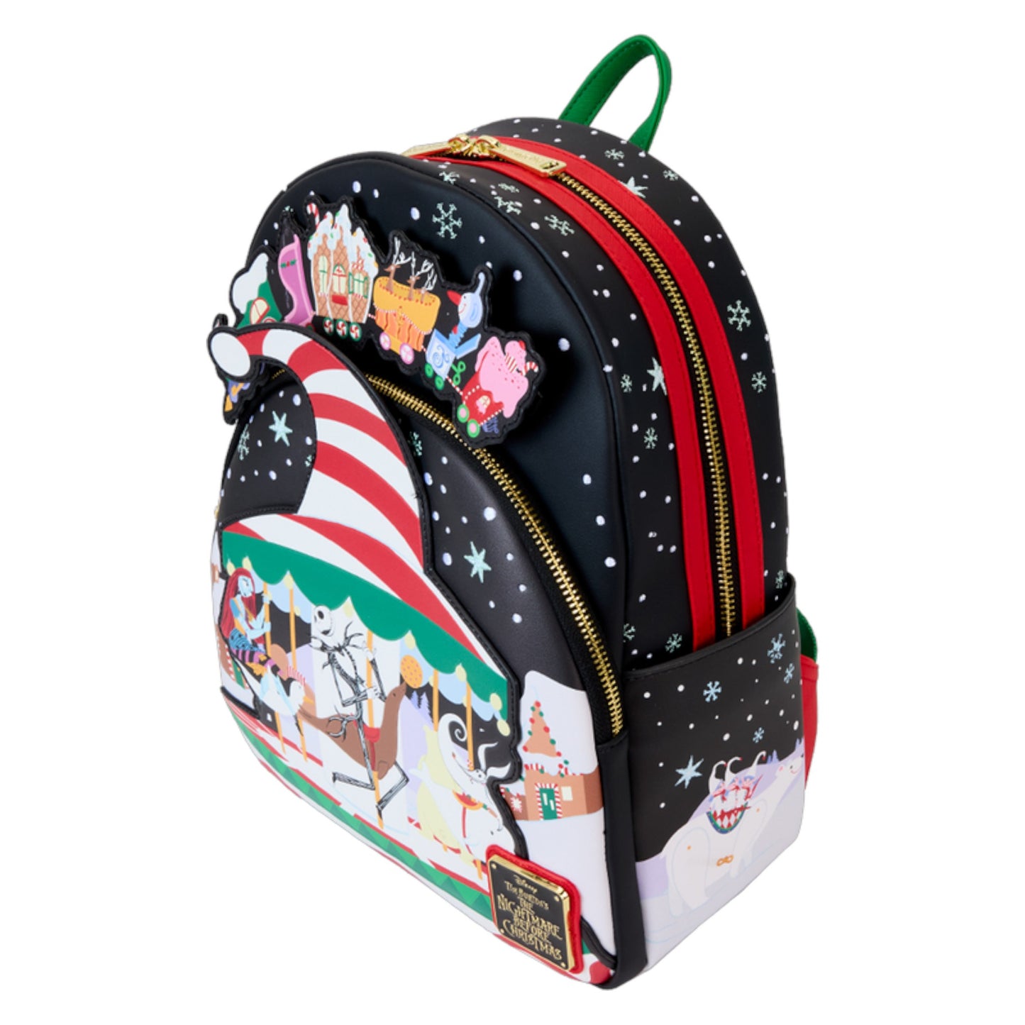 The Nightmare Before Christmas Town Carousel Backpack with festive design featuring Santa Claus and Christmas elements on a white background