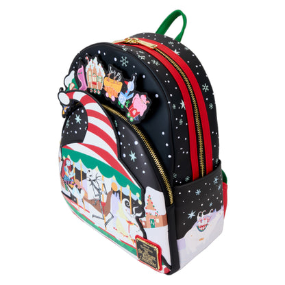 The Nightmare Before Christmas Town Carousel Backpack with festive design featuring Santa Claus and Christmas elements on a white background