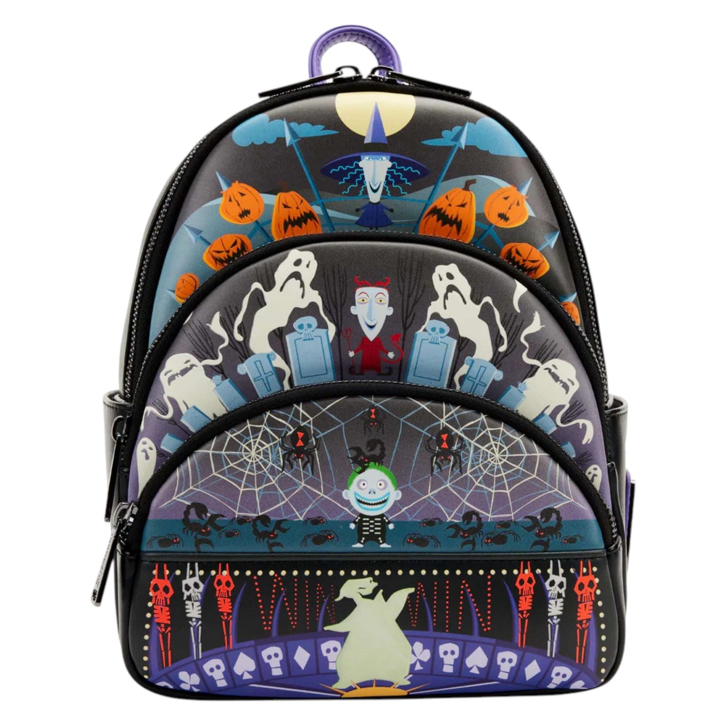 NBC halloween-themed backpack with ghost, pumpkin, and various nbc character designs on a white background. 
