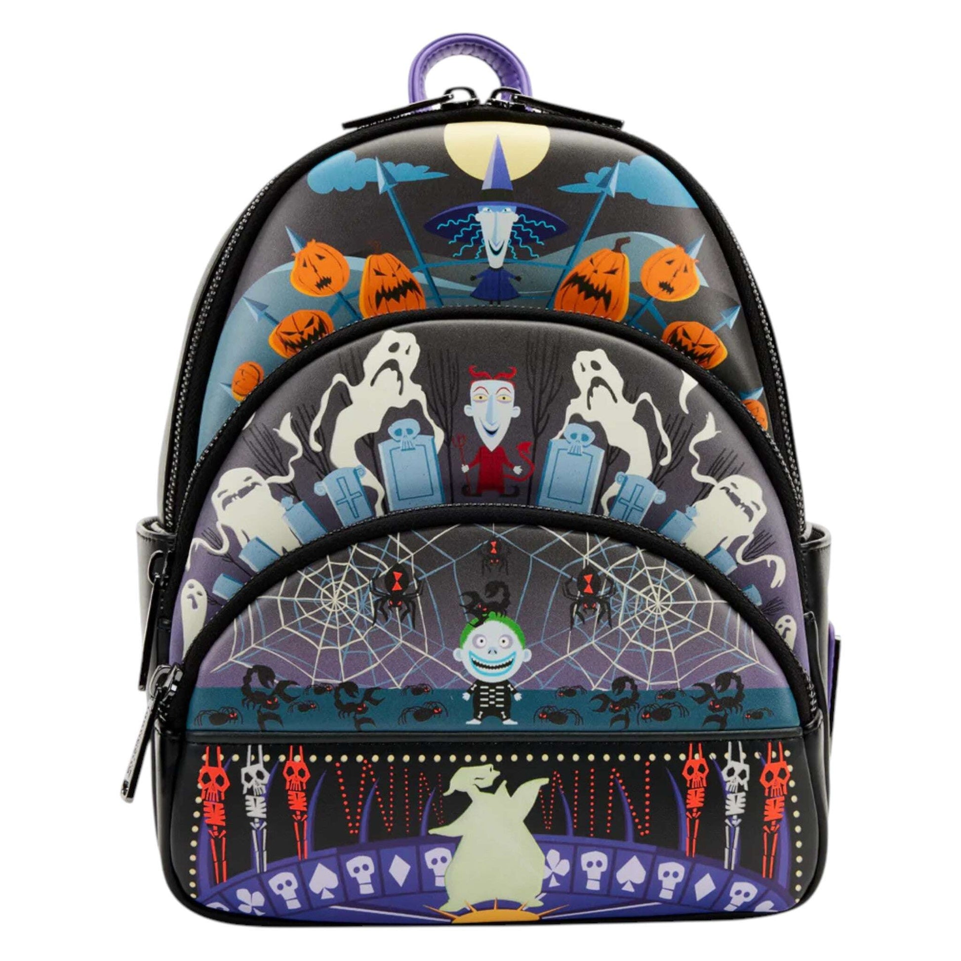 NBC halloween-themed backpack with ghost, pumpkin, and various nbc character designs on a white background. 