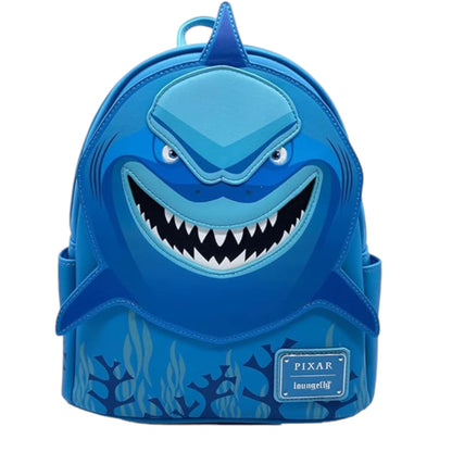Blue backpack with a Bruce design on a white background
