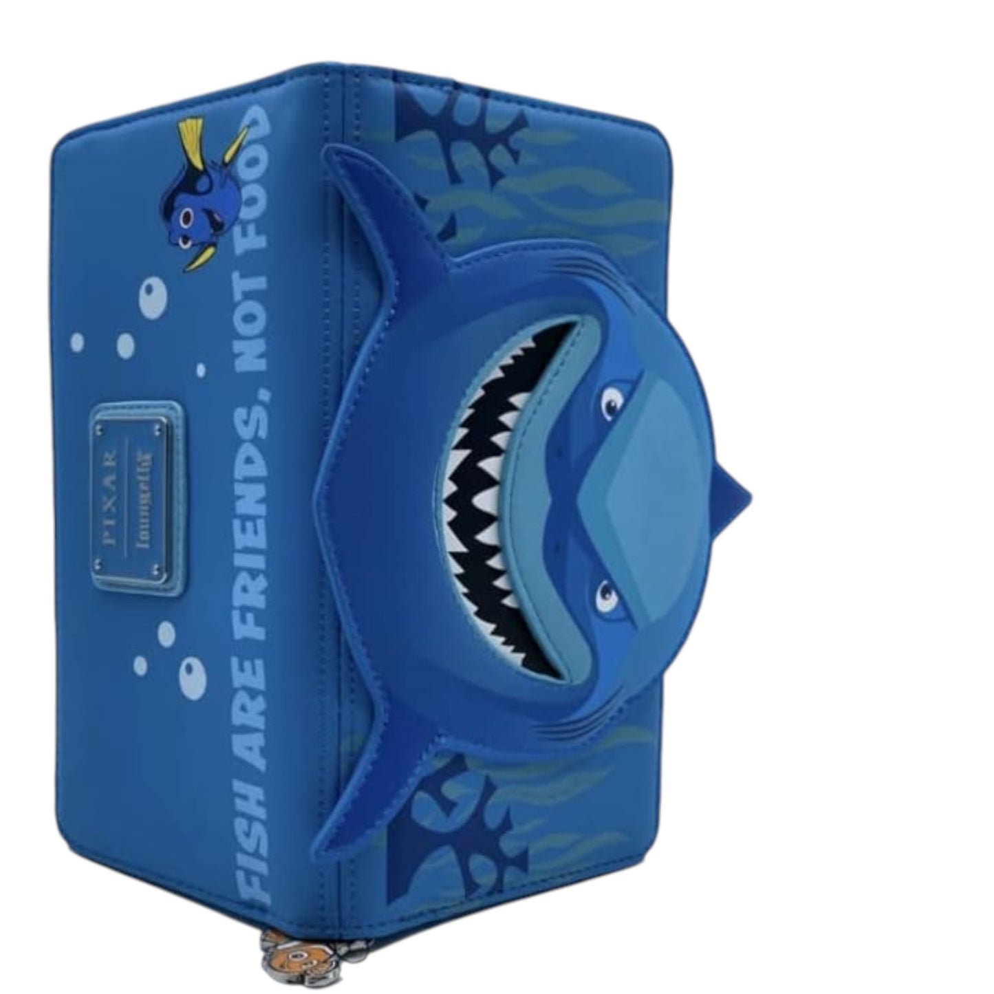 Blue shark-shaped pouch with Bruce  shark design on a white background