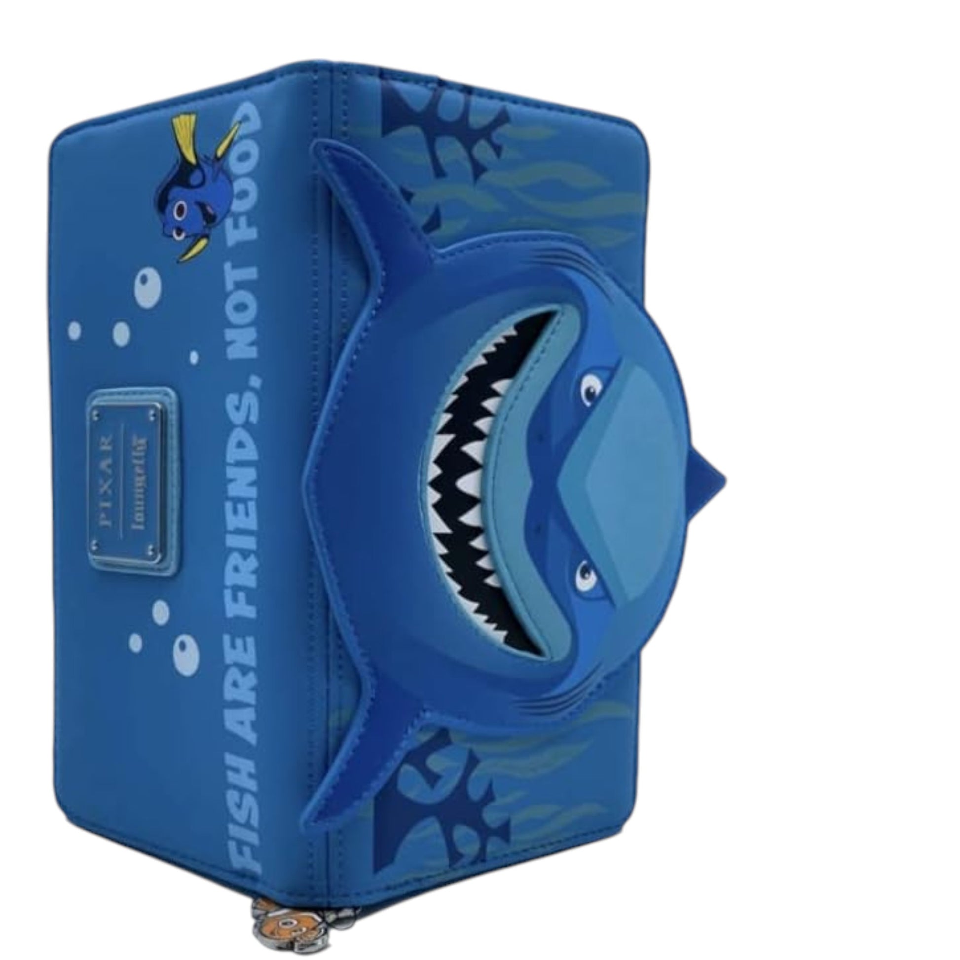 Blue shark-shaped pouch with Bruce  shark design on a white background