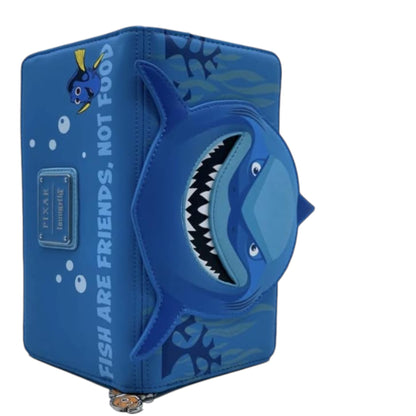 Blue shark-shaped pouch with Bruce  shark design on a white background