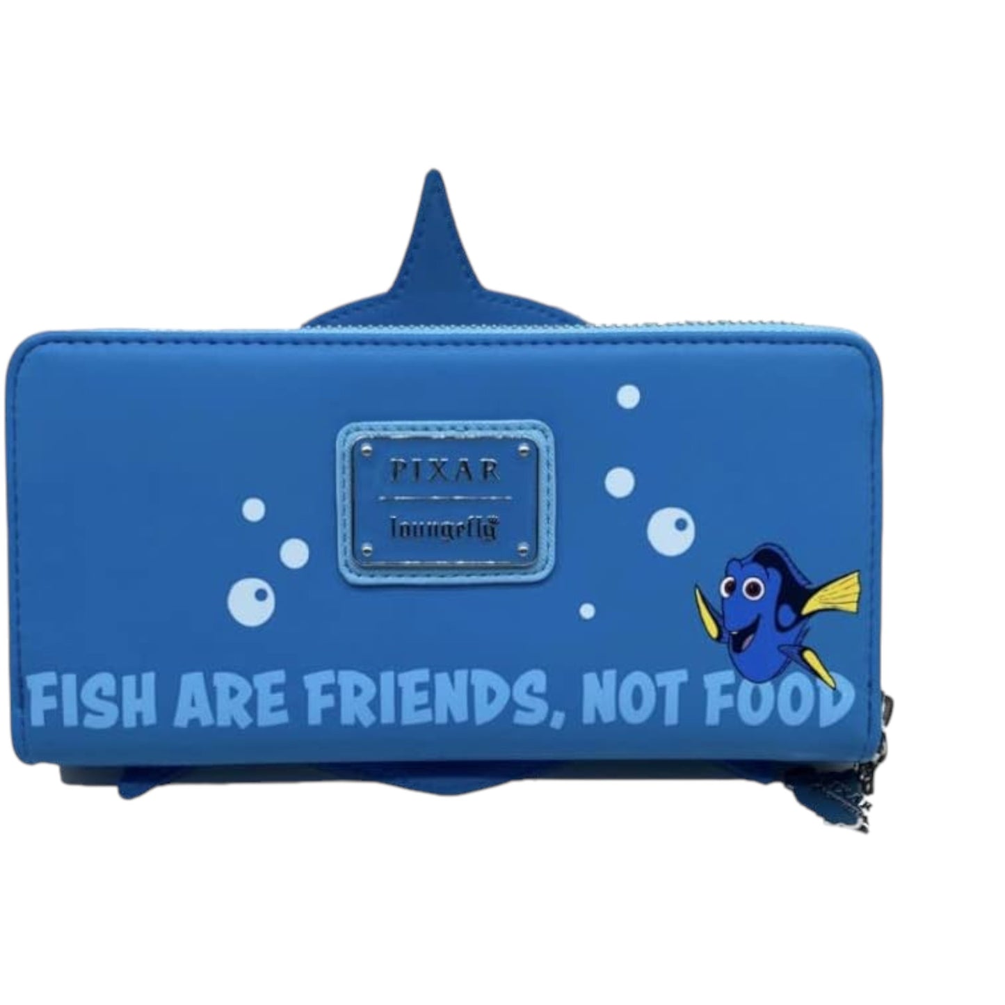 Back of Blue Loungefly Disney Pixar Finding Nemo Bruce Cosplay Wallet with Dory character and 'Fish are friends, not food' text on a white background