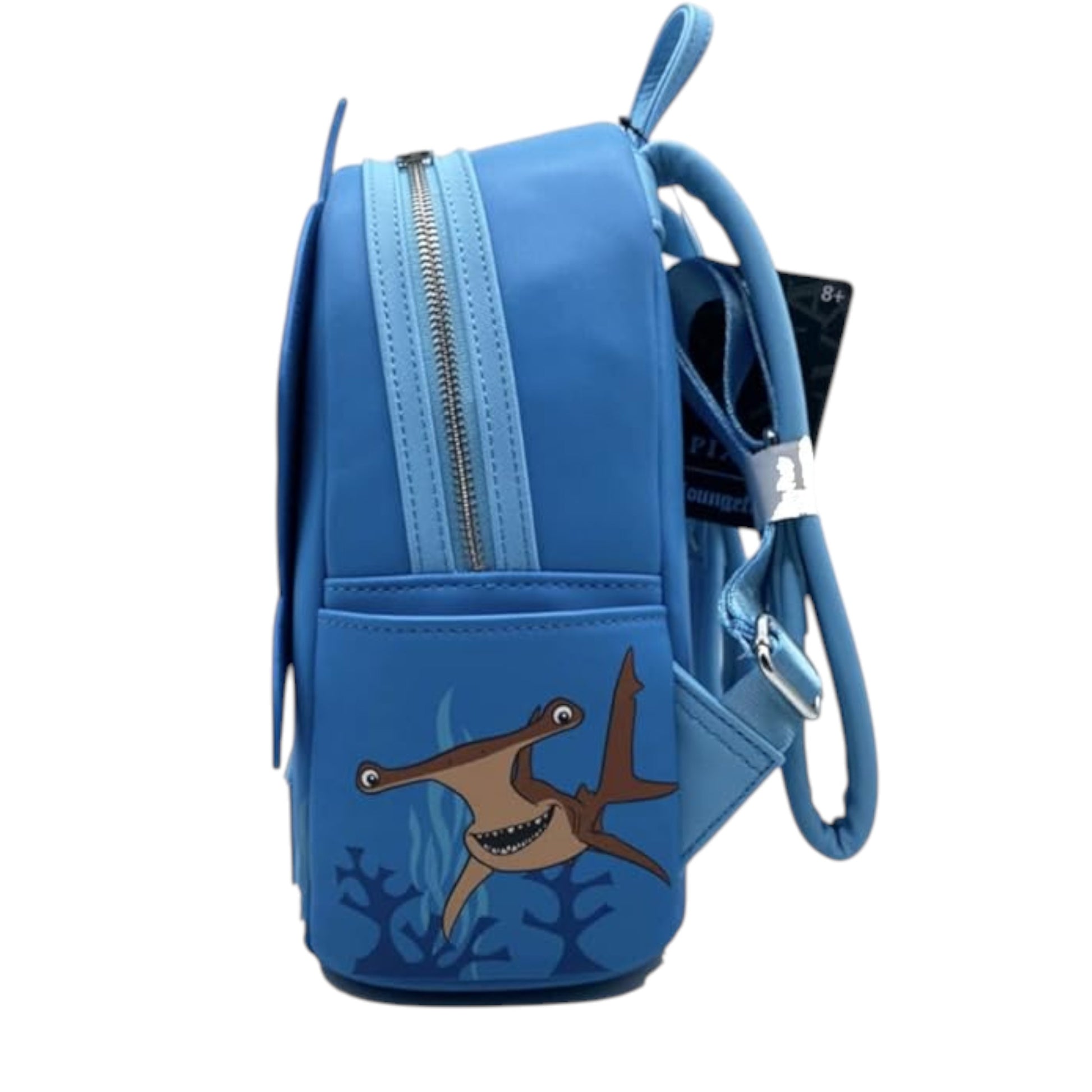 Blue backpack with  Bruce the shark design on a white background