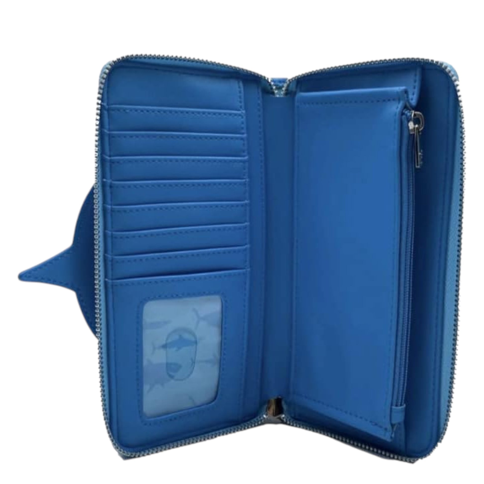 Inside of Blue Loungefly Disney Pixar Finding Nemo Bruce Cosplay Wallet with multiple card slots and a clear window on a white background