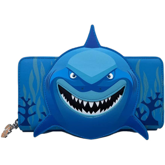 Blue Loungefly Disney Pixar Finding Nemo Bruce Cosplay Wallet with Bruce the Shark's smiling face with teeth showing on a white background
