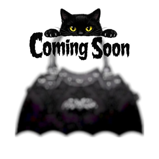 Coming Soon Text with a blurred black bat shaped bag on a white background
