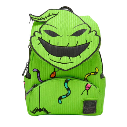 Green backpack with Oogie Boogie face design on a white background