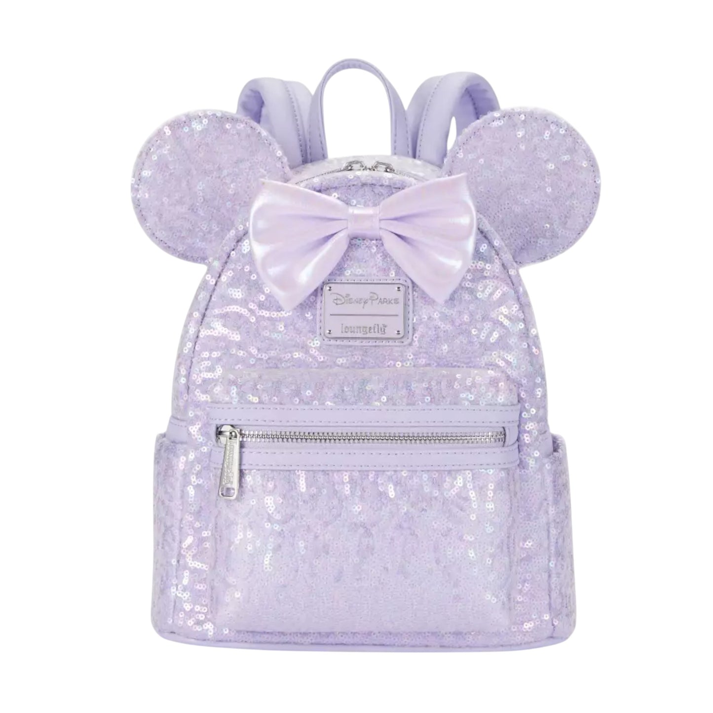 Sequin Opalescent Lavender backpack with Minnie Mouse ears and bow on a white background