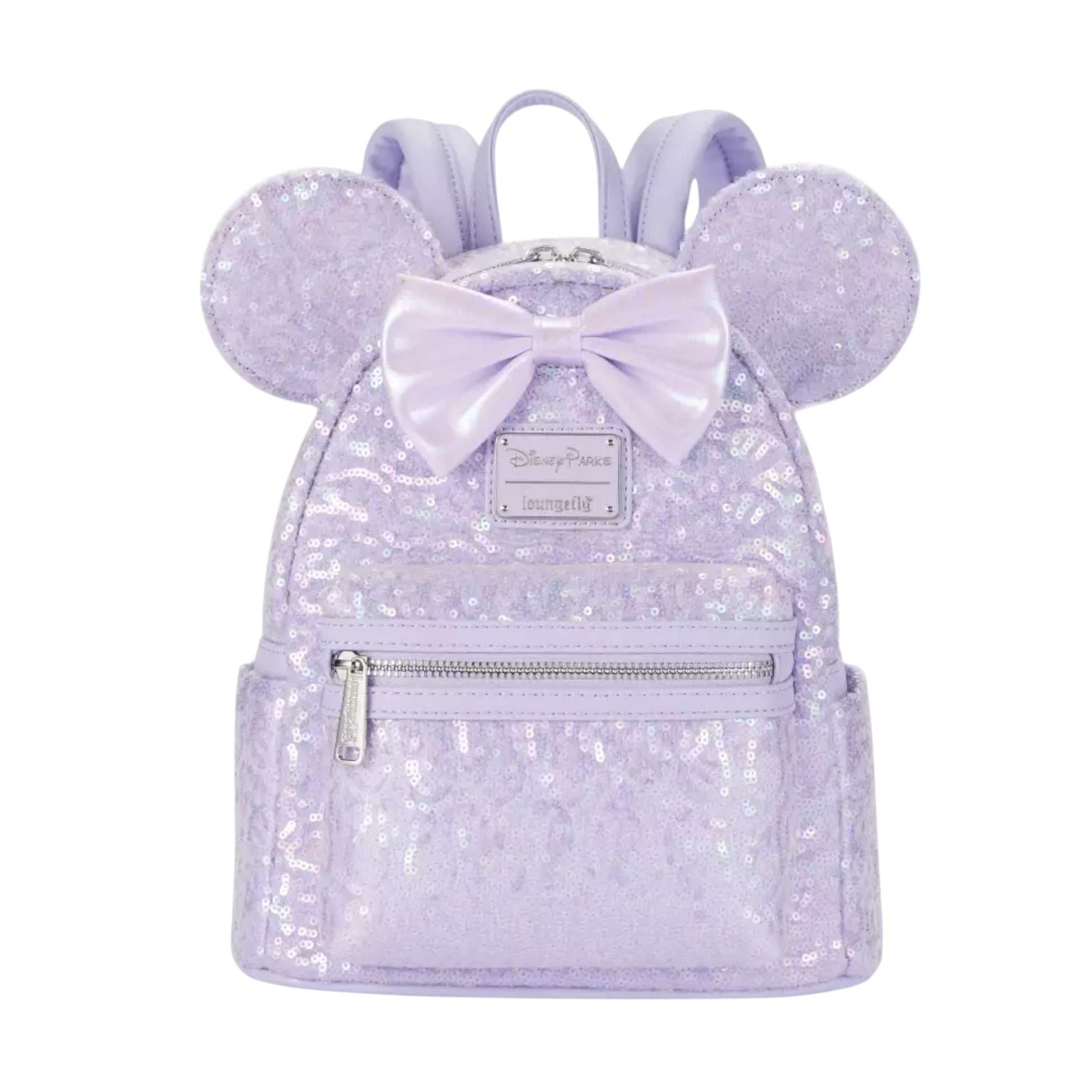 Sequin Opalescent Lavender backpack with Minnie Mouse ears and bow on a white background
