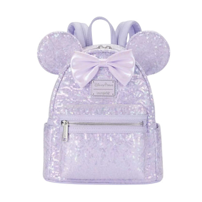 Sequin Opalescent Lavender backpack with Minnie Mouse ears and bow on a white background