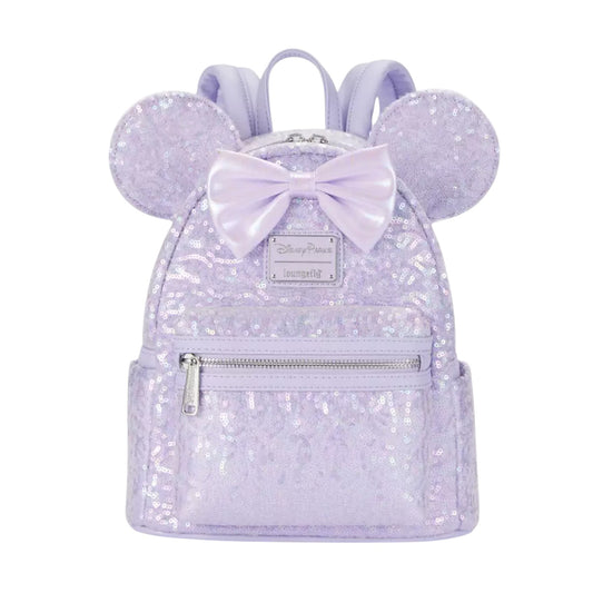 Sequin Opalescent Lavender backpack with Minnie Mouse ears and bow on a white background