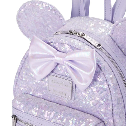 Sequin Opalescent Lavender backpack with a minnie mouse bow and ears on a white background