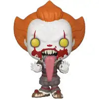 Funko Pop! vinyl figure of Pennywise figure bloody with tongue out with orange hair, yellow eyes, and a long tongue on a white background