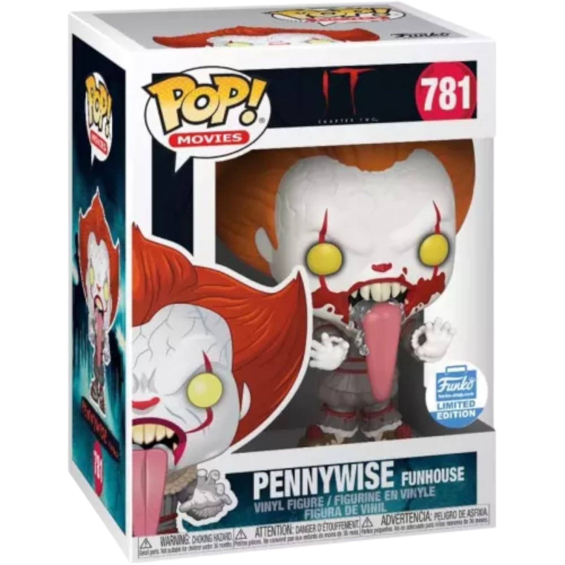 Funko Pop! vinyl figure of Pennywise with orange hair, yellow eyes, and a long tongue in his packaging on a white background.
