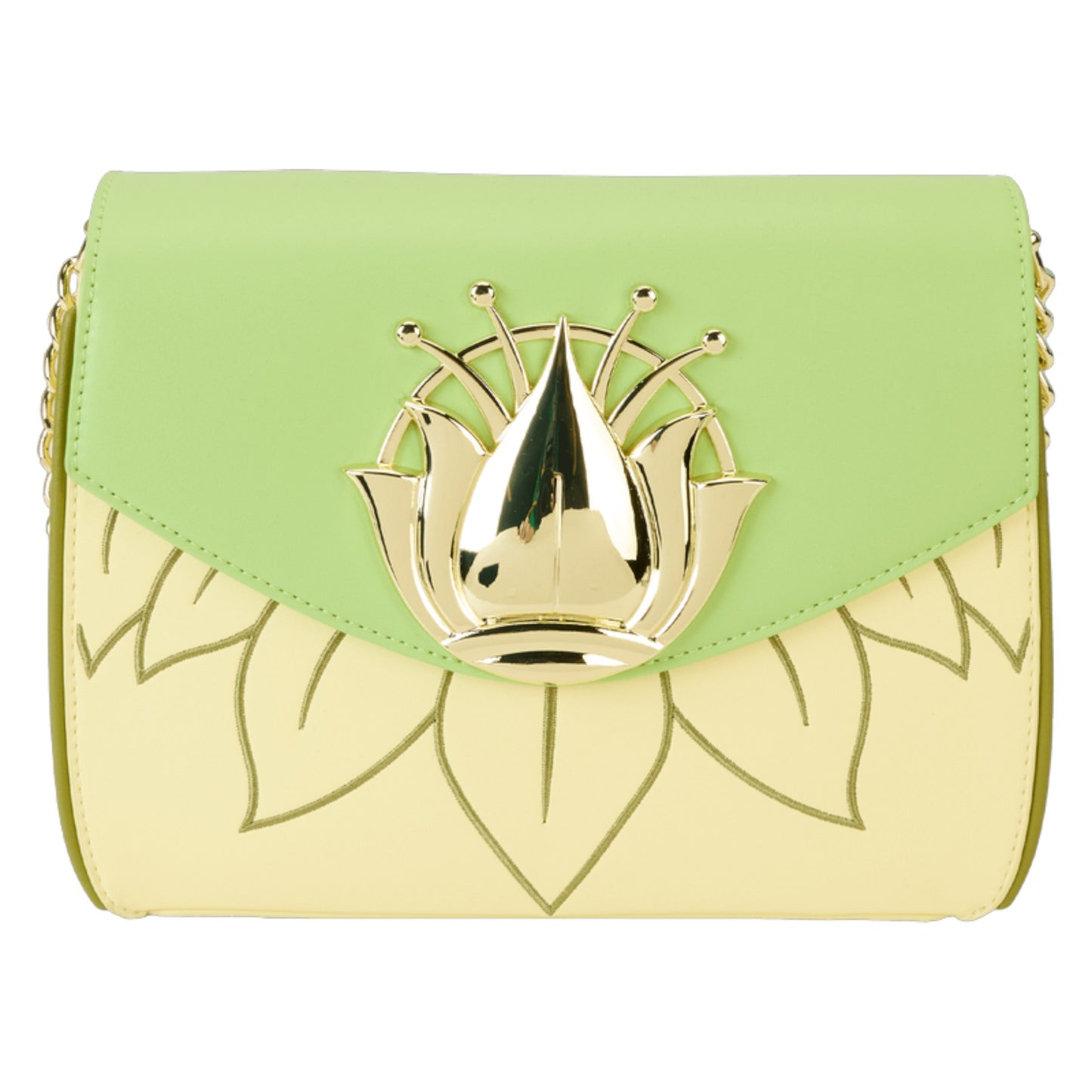 Green and white Princess and the Frog handbag with a gold emblem on a white background