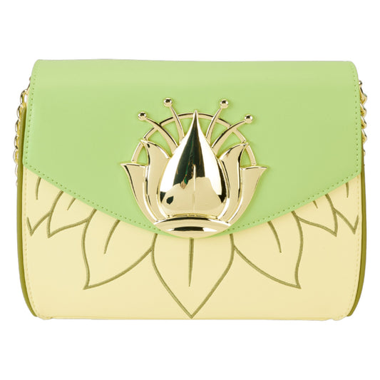 Green and white Princess and the Frog handbag with a gold emblem on a white background