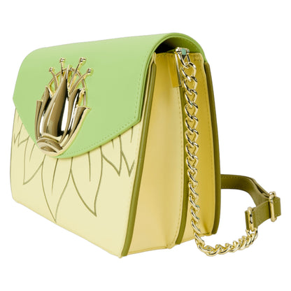 Green and white Princess and the Frog handbag with a gold emblem on a white background