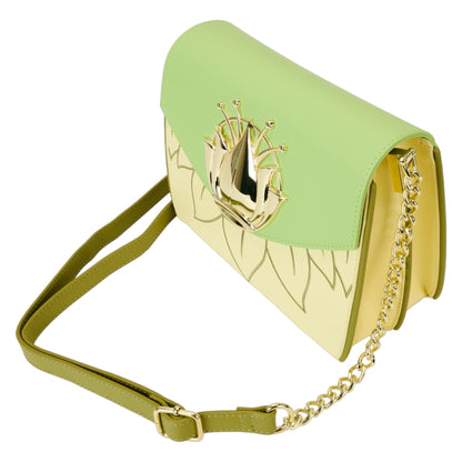 Green and white Princess and the Frog handbag with a gold emblem on a white background