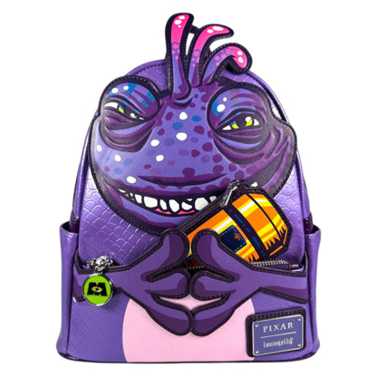 Backpack with a Randall Boggs  character design holding a cannister on a white background