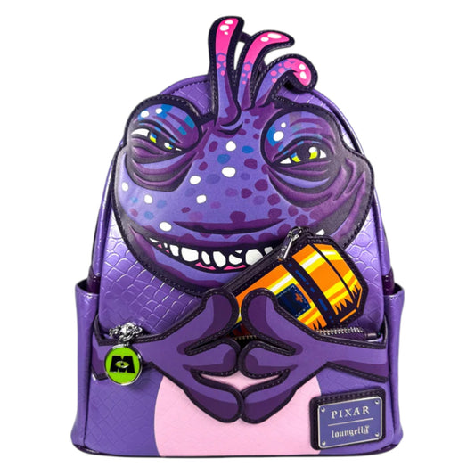 Backpack with a Randall Boggs  character design holding a cannister on a white background