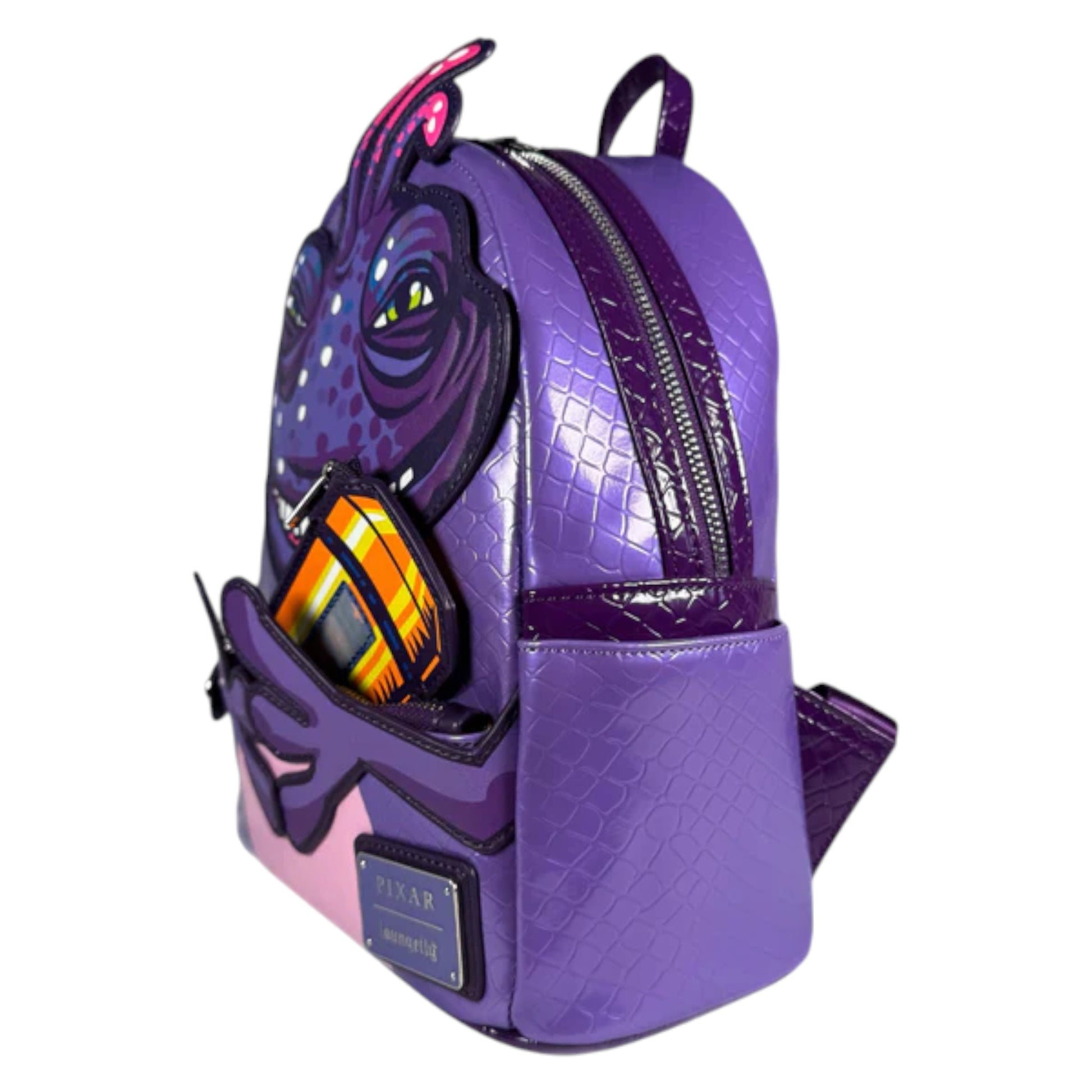 Backpack with a Randall Boggs  character design holding a cannister on a white background