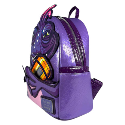 Backpack with a Randall Boggs  character design holding a cannister on a white background