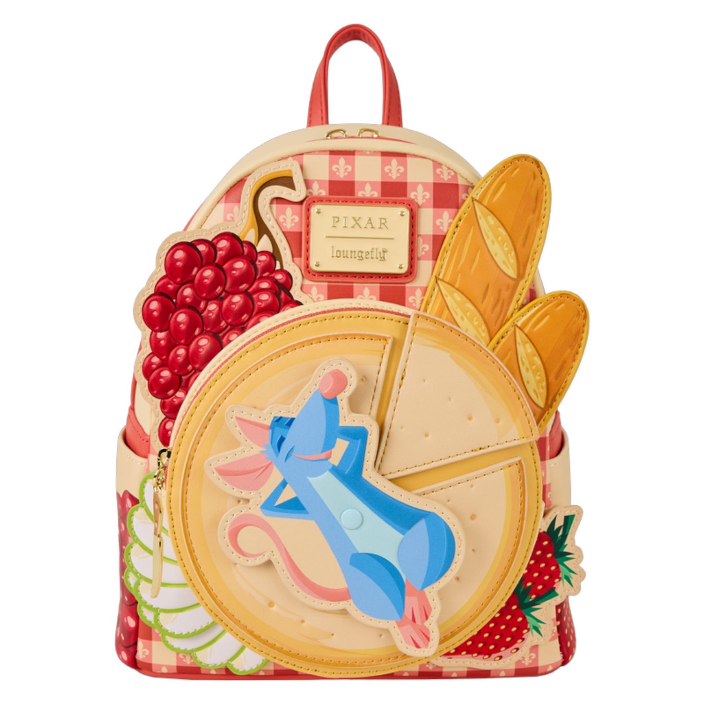 Backpack with Ratatouille Charcuterie design inspired by Pixar, featuring a checkered pattern and fruit elements.