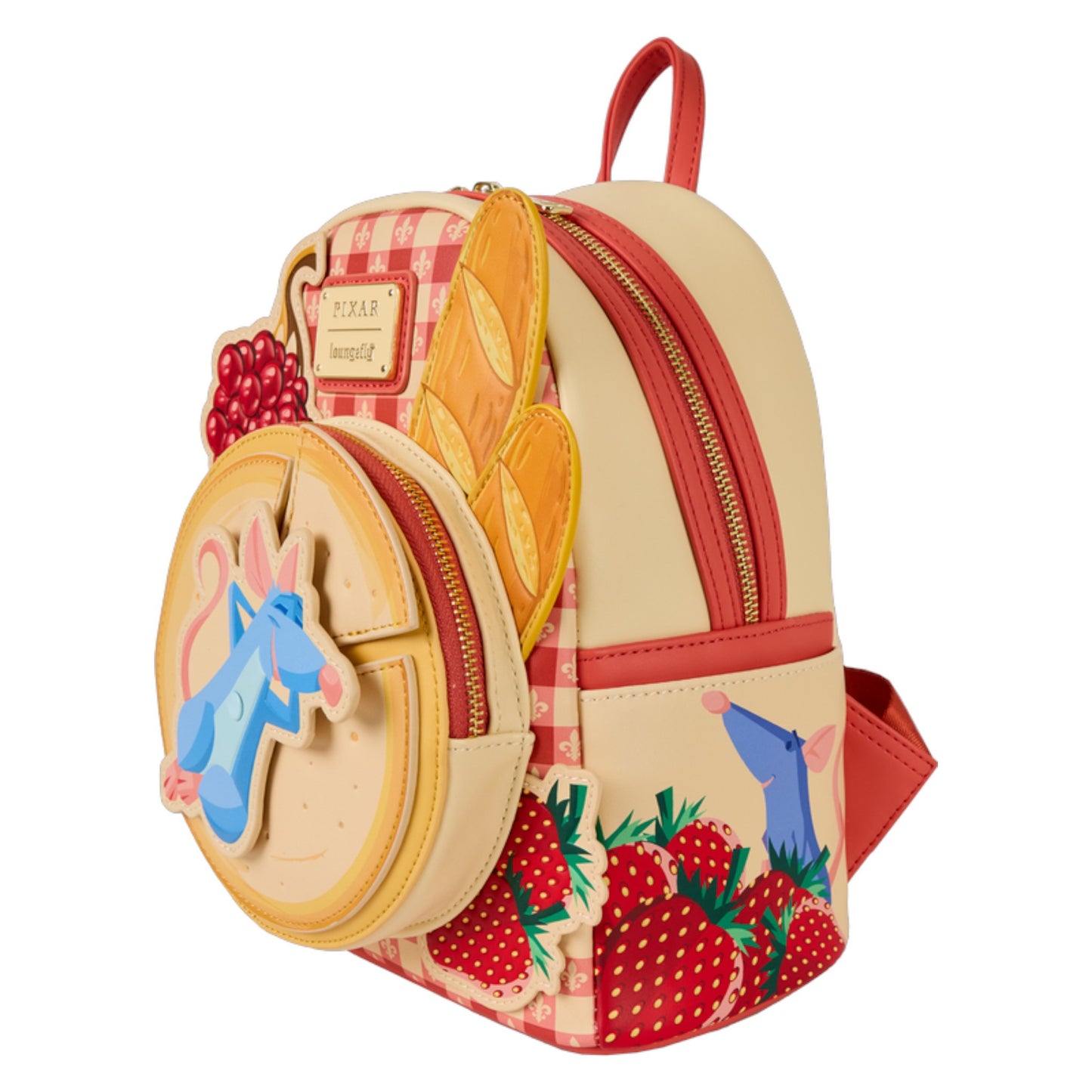 Backpack with Ratatouille Charcuterie and strawberry design on a white background