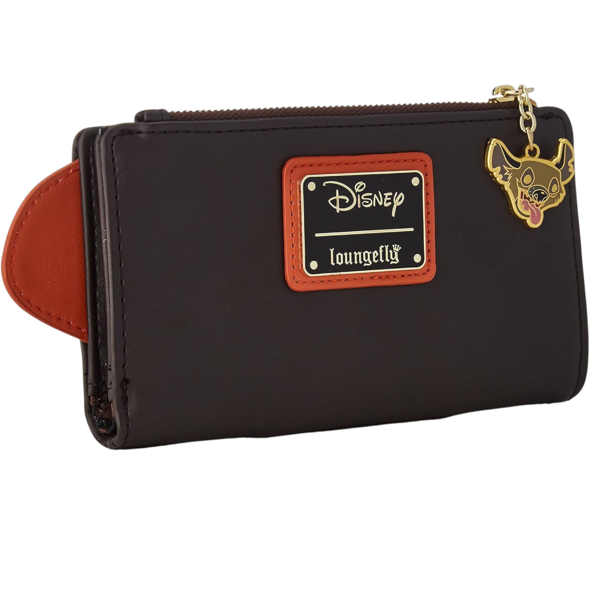Black wallet with Disney loungefly logo and hyena zipper charm on a white background