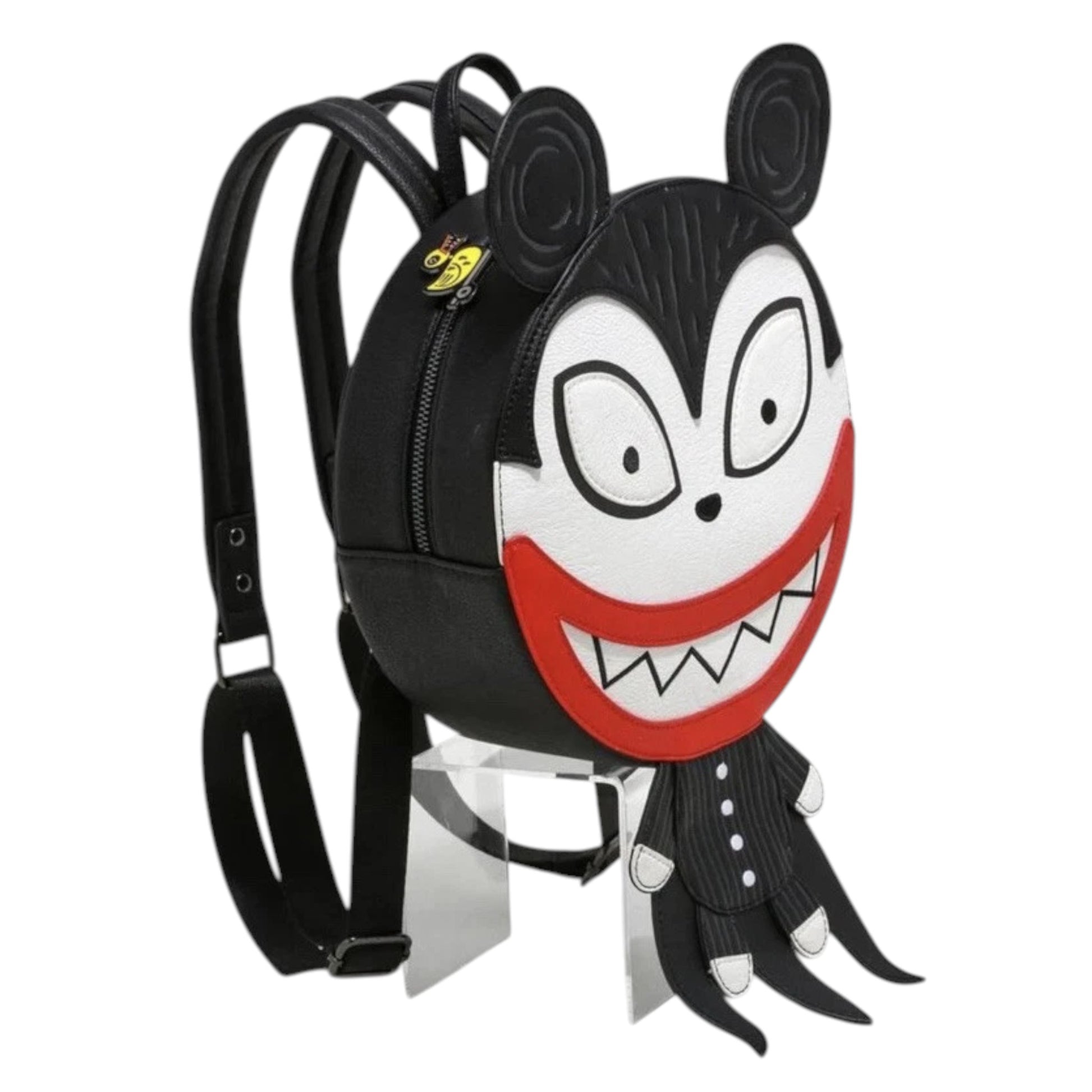 Backpack with a scary teddy character face design on a white background