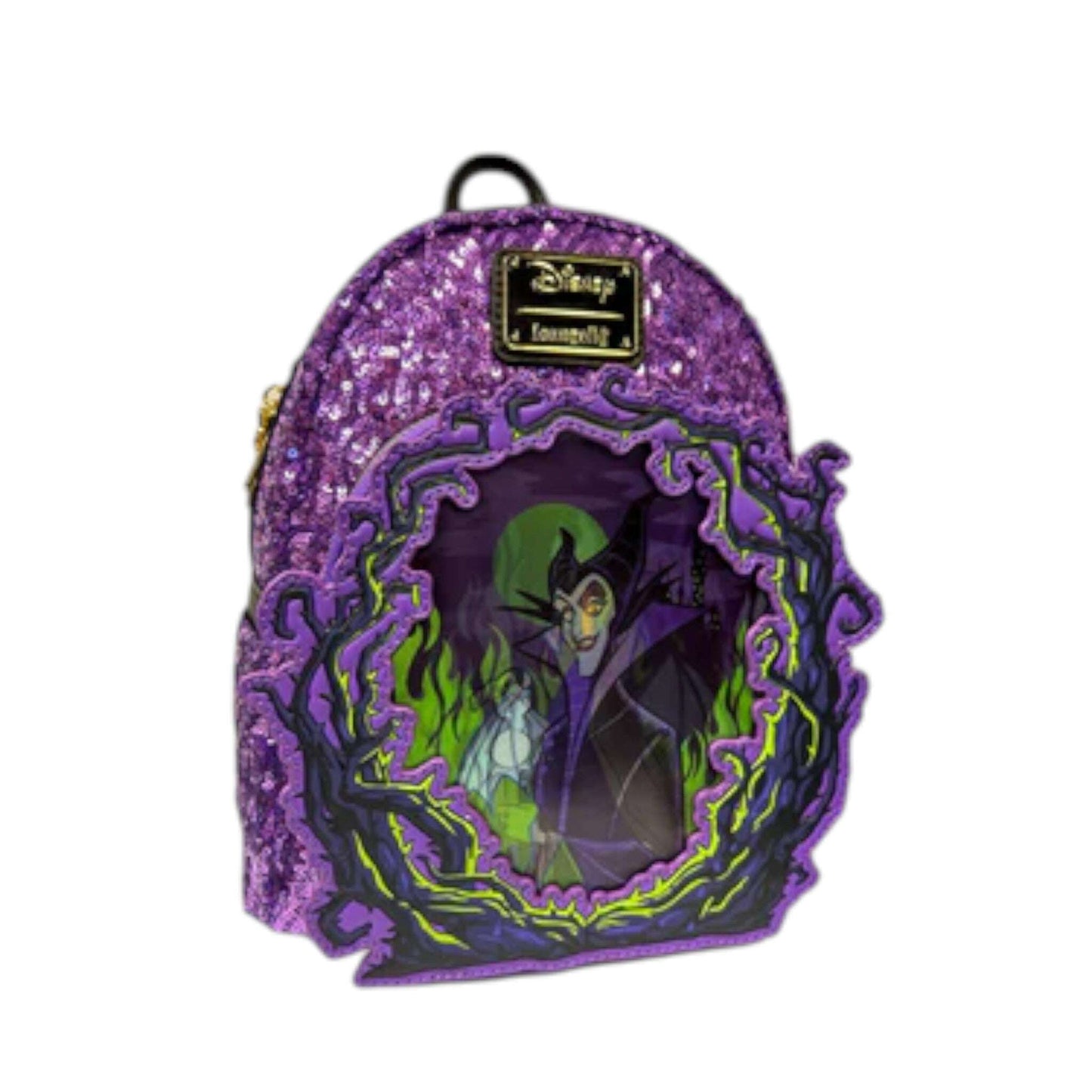 Purple glittery backpack with Maleficent  design on a white background