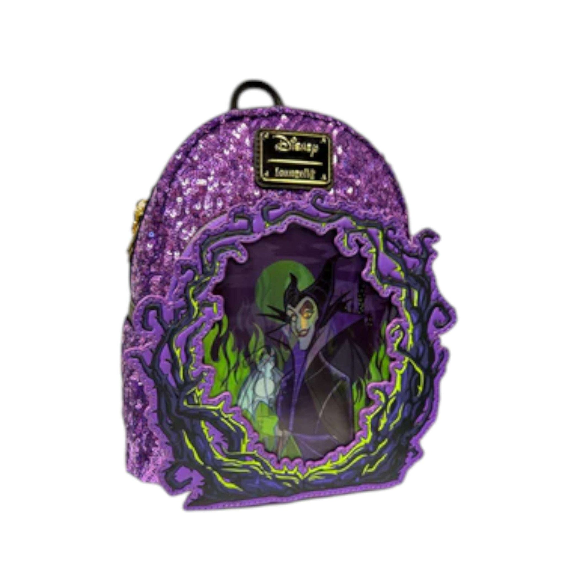 Purple glittery backpack with Maleficent  design on a white background