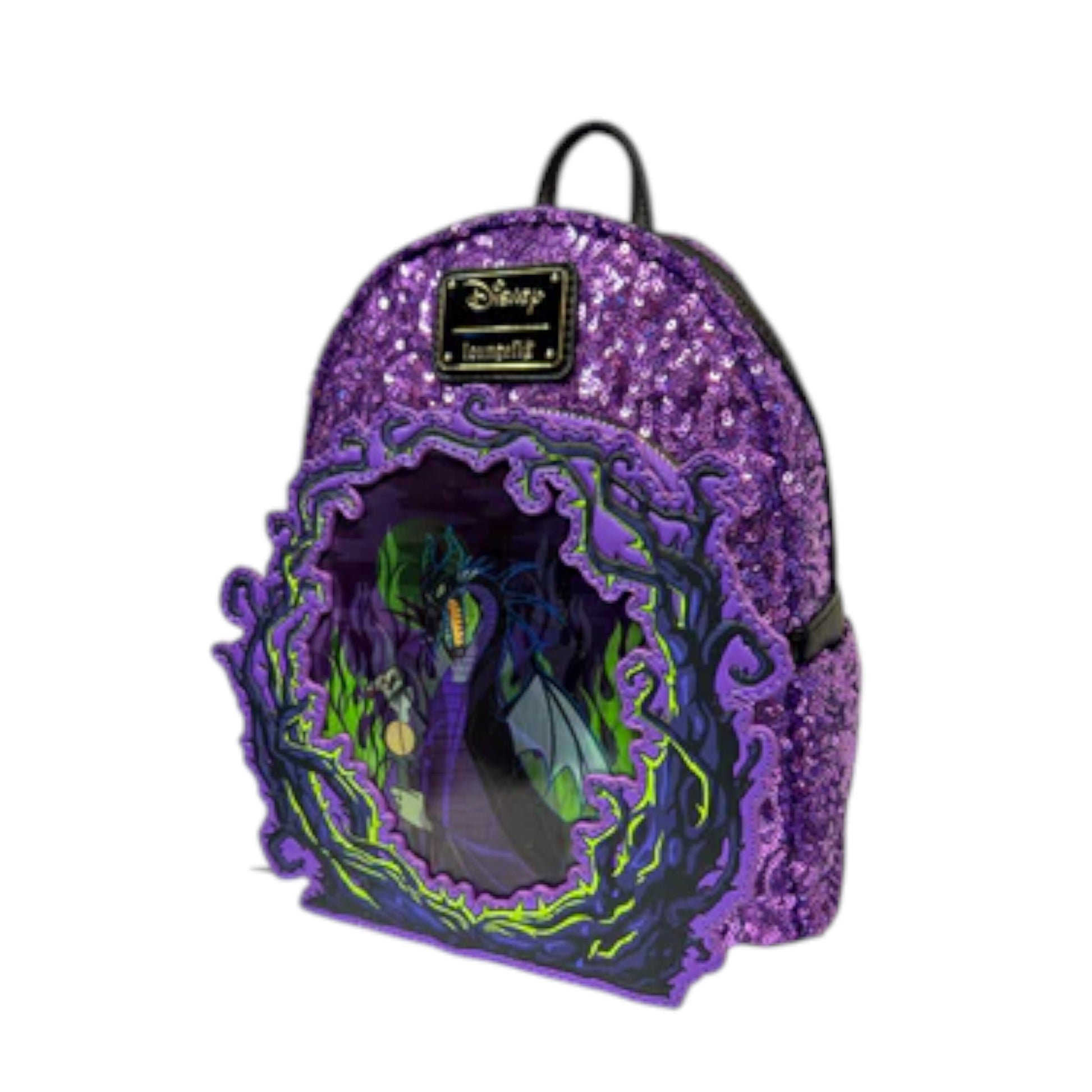 Purple backpack with Disney branding featuring Maleficent design on a white background