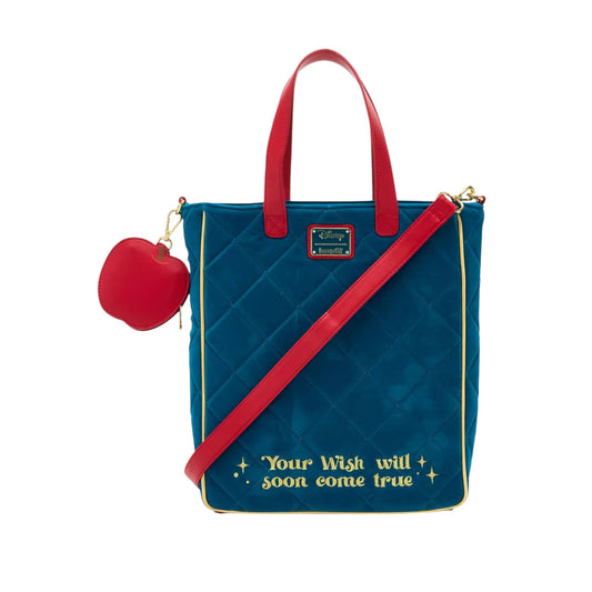 Blue tote bag with red strap and apple charm, featuring Your Wish Will Soon Come True text on a white background
