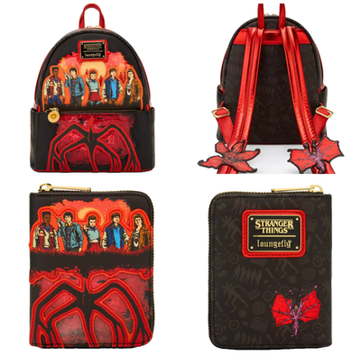 Loungefly Stranger Things Group Portrait Light Up Mini Backpack & Wallet Set with 'Stranger Things' design featuring characters and red abstract patterns on a white background