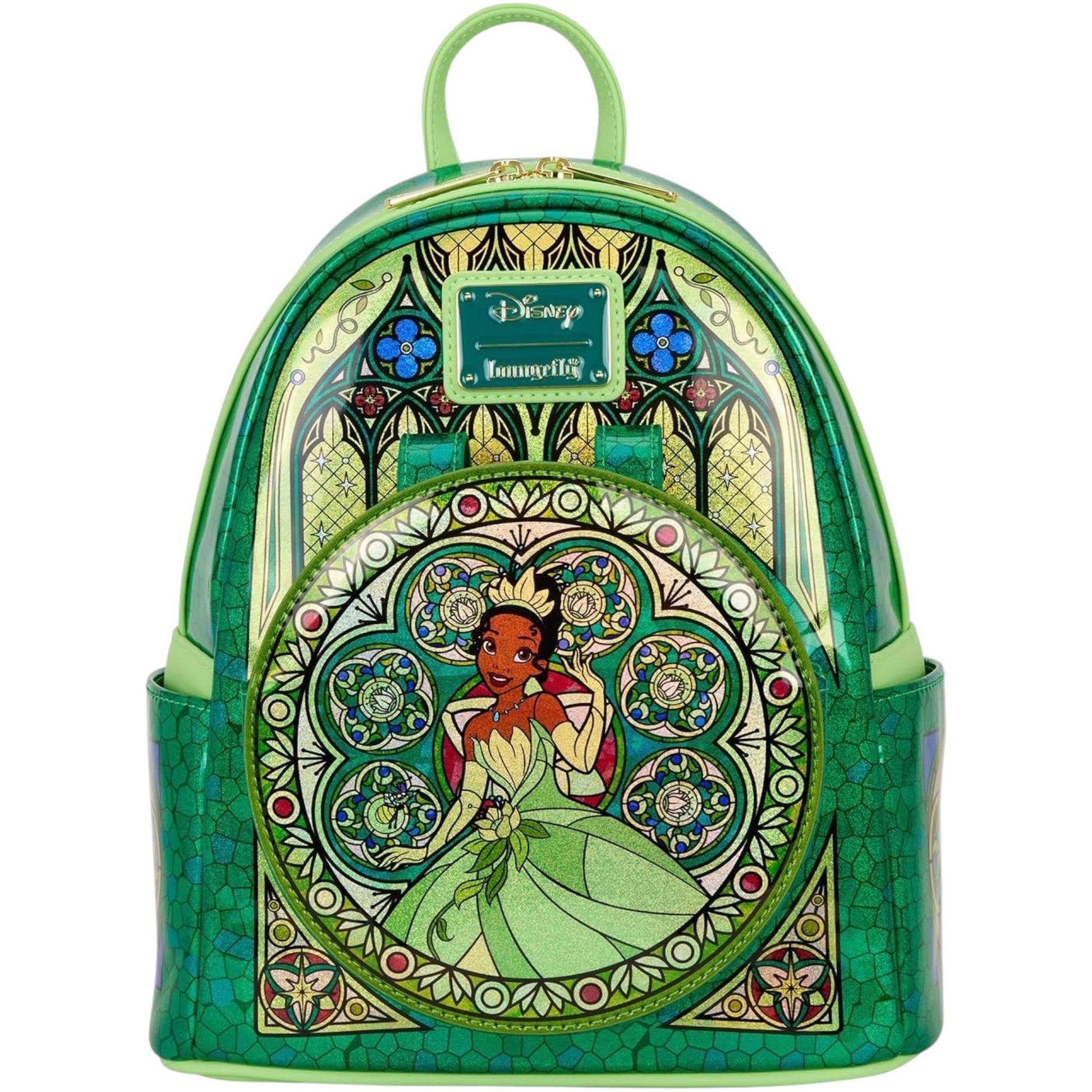 Green backpack with Disney Tiana character design surrounded by stained glass on a white background
