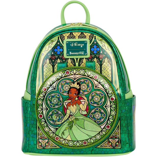 Green backpack with Disney Tiana character design surrounded by stained glass on a white background