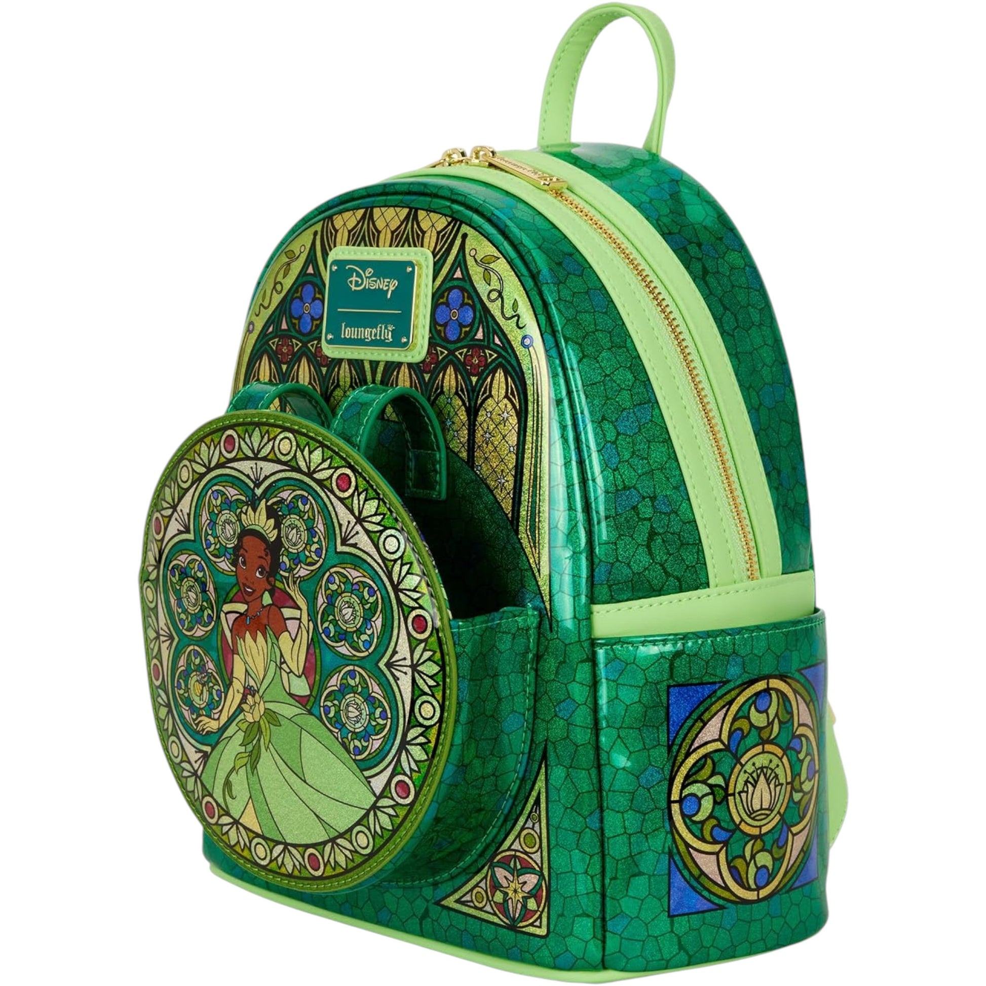 Green backpack with decorative elements and a Disney Tiana character design surrounded by stained glass on a white background
