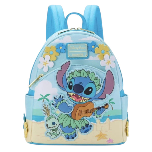 Backpack with Stitch and Scrump character playing a Ukulele on a white background