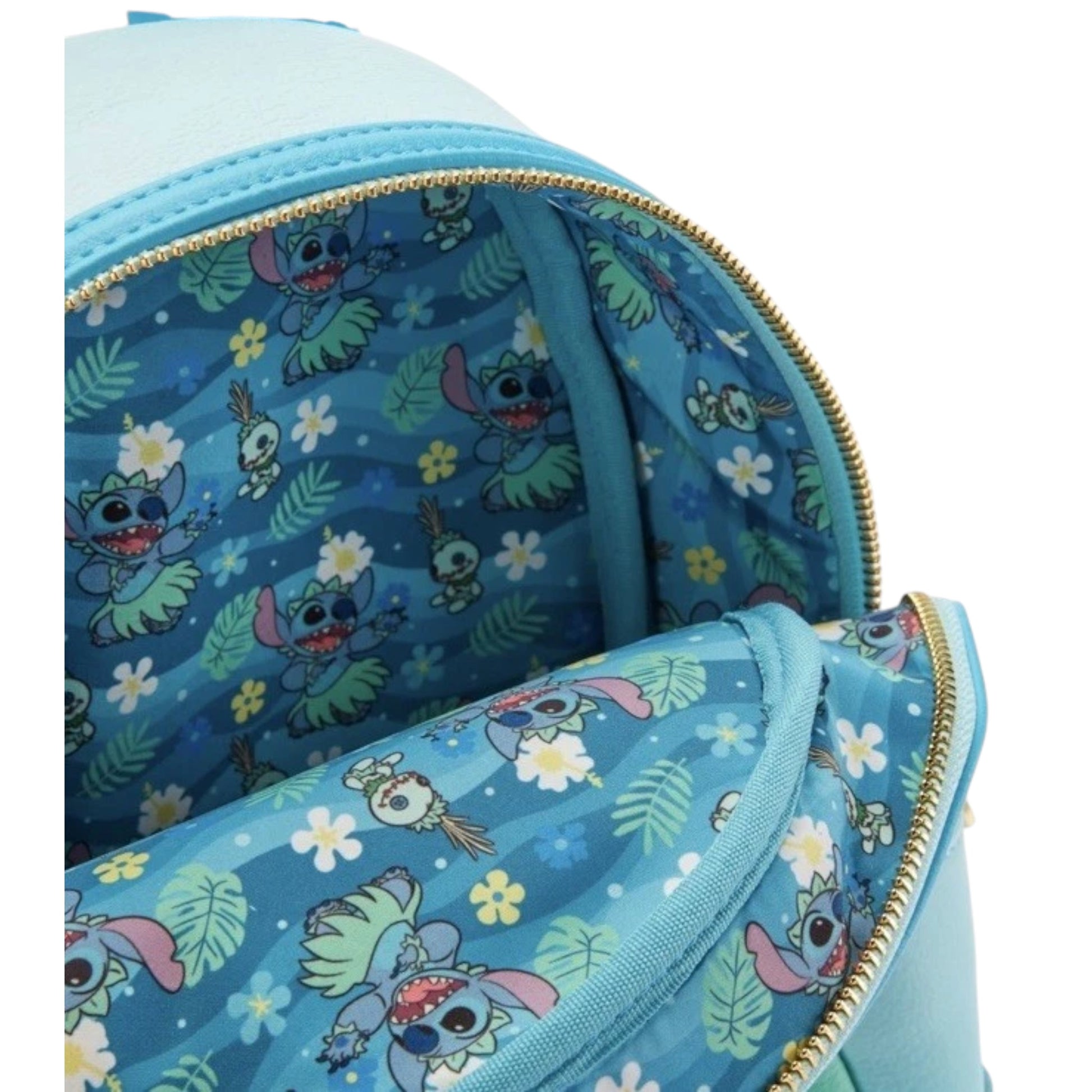 Blue pouch with Stitch Hula character pattern on a white background